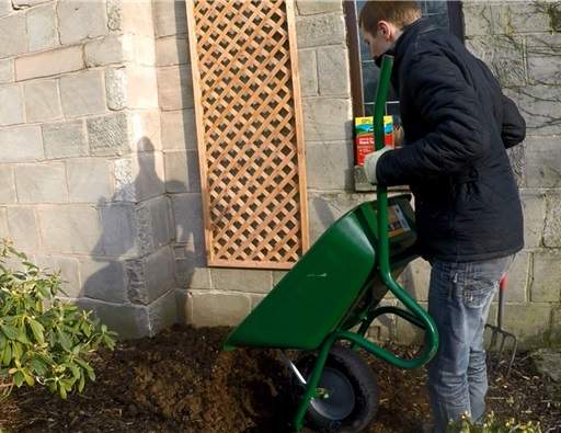 Tipping soil out of wheelbarrow