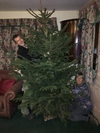 Putting up Christmas tree with 2 people